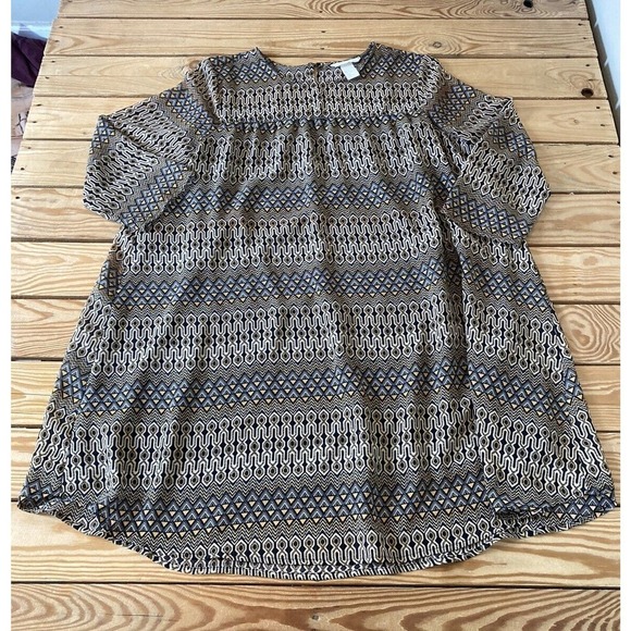 H&M Dresses & Skirts - H&M Patterned 3/4 Sleeve Baby Doll Dress Size 8 Women’s Black Tan